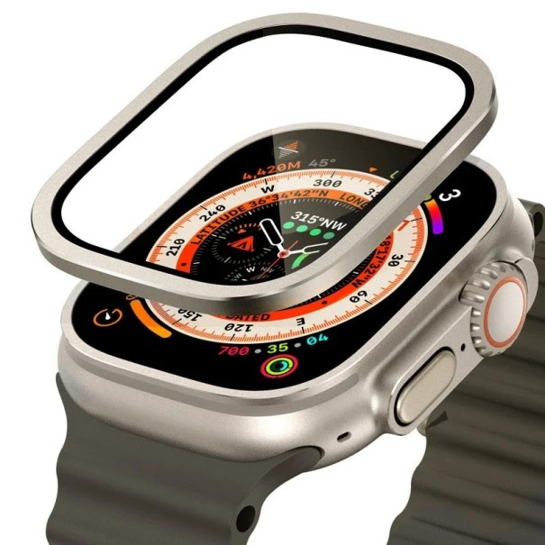 Vidro para Apple Ultra 2 49 mm vidro temperado com moldura metálica capa protetora de ecrã resistente a impactos contra riscos para Apple Watch dourado-prata