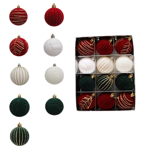 Vielfältiges Set mit 12 Stück Weihnachtskugeln 6 cm Neun verschiedene Dekore Christbaumschmuck Weihnachtsdekoration rund 6 x 6 x 7 cm 1