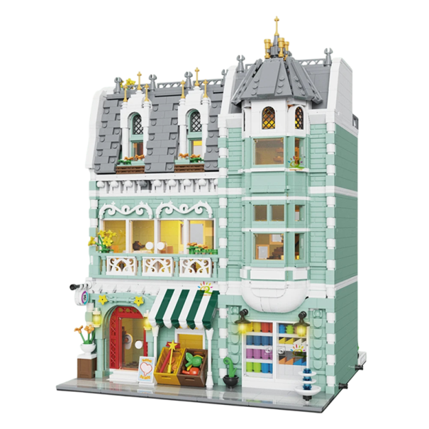 Vihreä rivitalo ruokakaupalla -rakennussarja 2225 osaa taustavalaistu monikerroksinen talo 19,5 x 19,5 x 27 cm LED-valoketju 1