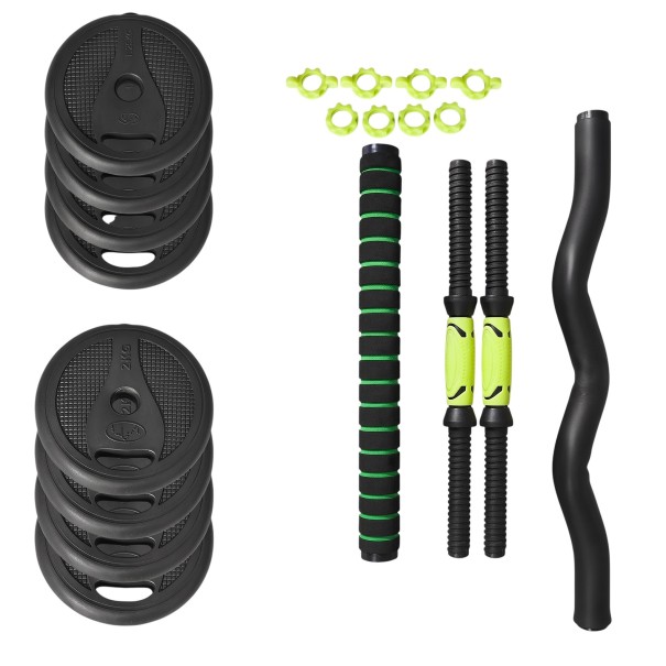 Viktsats 15 kg två hantlar med axlar 40 cm och stor skivstång med rak eller vågig stång svartgrön för hemmaträning och kondition 1