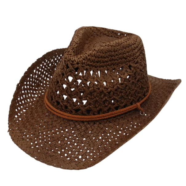 Vintage Cowboy Zonnehoed 55-58cm Stro Unisex Hoed Etnische Stijl UV-bescherming Strandhoed Winddicht Zomeraccessoire koffiekleur