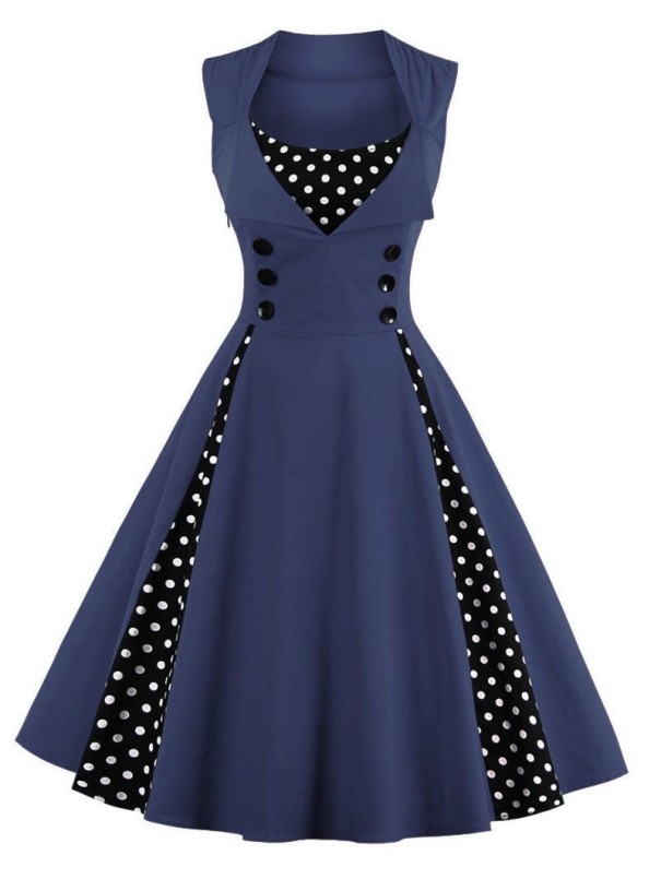 Vintage damesjurk met stippen donkerblauw XL