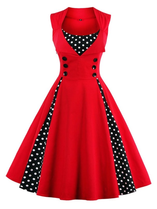 Vintage damesjurk met stippen rood S