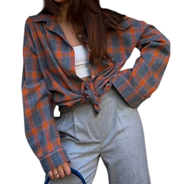 Vintage dámská kostkovaná košile s dlouhým rukávem Volný nadměrný střih Oversize flanelová halenka do pasu Podzimní ležérní styl oranžová M