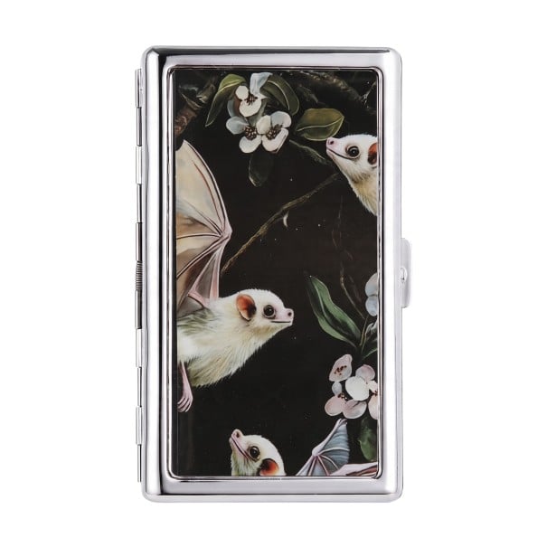 Vintage kortetui 10 x 6 x 2 cm Metal Sølv med sort låg Motiv af flagermus og blomster To rum Til visitkort og kort 1