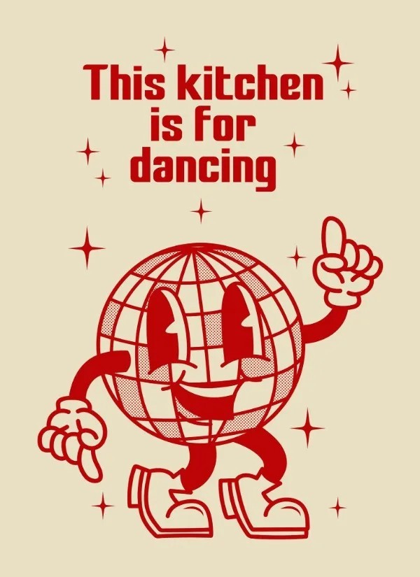 Vintage plakát 30 x 45 cm Tančící disco koule This Kitchen Is For Dancing Retro kuchyňská dekorace Obraz na plátně bez rámu červená