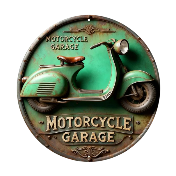 Vintage retro skylt med grön scooter Aluminium 2D hängande väggdekoration Plåt stilfull inredningsdetalj 1