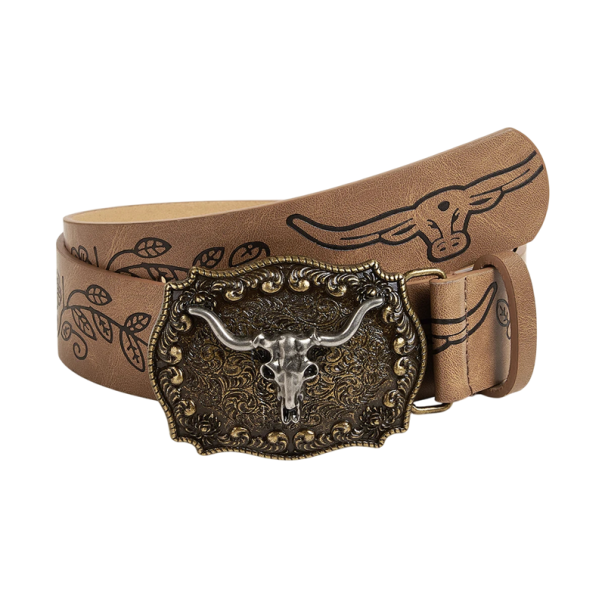 Vintage westernový kovbojský pásek PU kůže Kovová zdobená přezka Stylový opasek pro muže i ženy Kovbojský styl Módní doplněk country stylu světle hnědá 120 cm