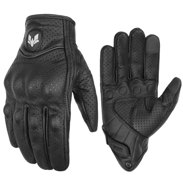 Vintage zwarte motorhandschoenen van echt leer, zomer geperforeerde ademende motorhandschoenen, motorcross leren motorhandschoenen