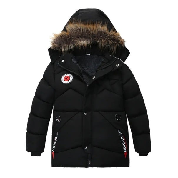 Vinter drengejakke med hætte og pelsvarmer Varme quiltede jakker med lynlås og knapper Efterårs- og vintertøj Bomuld og polyester sort 4