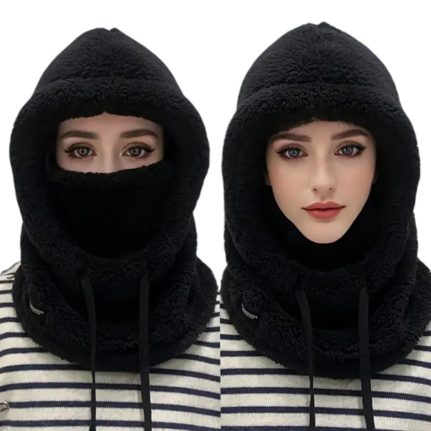 Vinter skihue hætte størrelse 55–60 cm Varm fluffy beskyttelse af hoved og hals Polyester hue til frost og vind sort