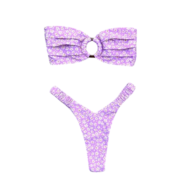 Violetti kukkakuvioinen bikini, jossa ympyräsolmio ja röyhelöiset yksityiskohdat, romanttinen olkaimeton kaksiosainen uimapuku, kesäinen ranta-asu XL