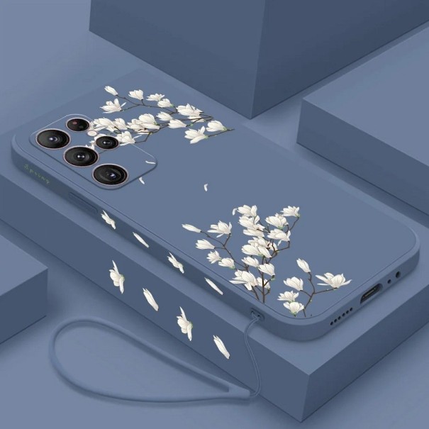 Virágzó ágak motívumú szilikon huzat Samsung A14 5G-hez, kék 1