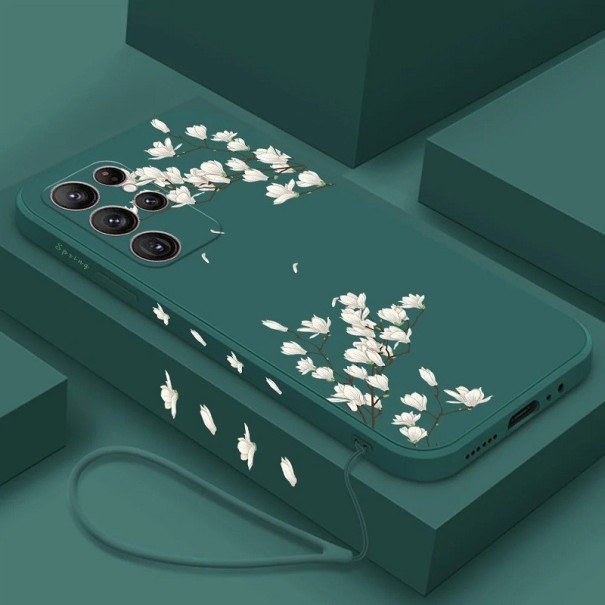 Virágzó ágak motívumú szilikon huzat Samsung A14 5G-hez, sötétzöld 1