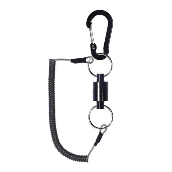 Viskarabijnhaak met sterke magneet en spiraalveer max. 1,5 m Sterke magnetische visgerei clip Houdt visgerei stevig vast Snel los te maken houder 1
