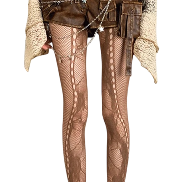 Visnet panty&#39;s met bloemen, transparante kousen met rozen, sexy panty&#39;s met gaten, elegante panty&#39;s met patroon voor jurken, kostuummode bruin