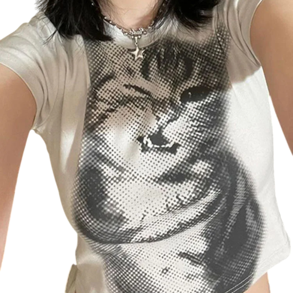 Vit kortärmad dam-T-shirt med blinkande katttryck Retrografik Kattmotiv Streetwear-stil Slim fit Modetopp L