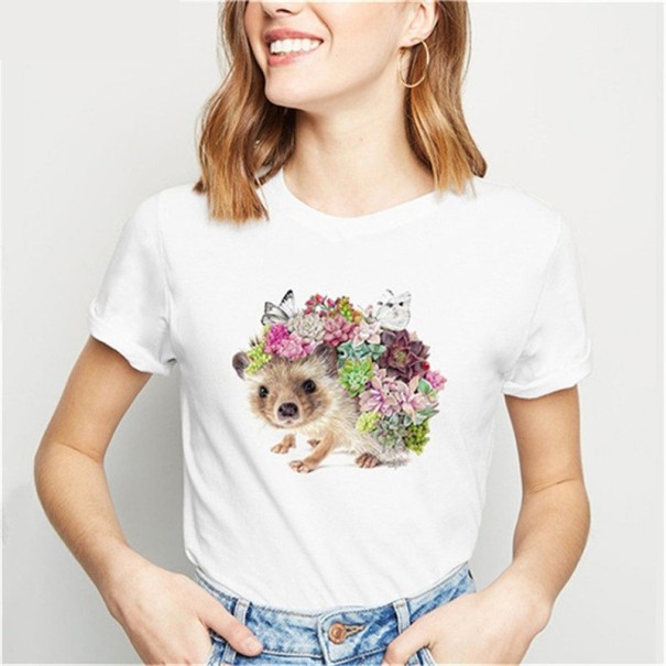 Vit t-shirt för kvinnor med igelkottstryck A1319 S 2