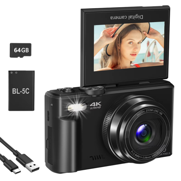 Vlog Camera 64 MP 4K 4096 × 2160 18× Zoom Flip Screen 180° WiFi Webcam with Autofocus and 64GB SD Card black
