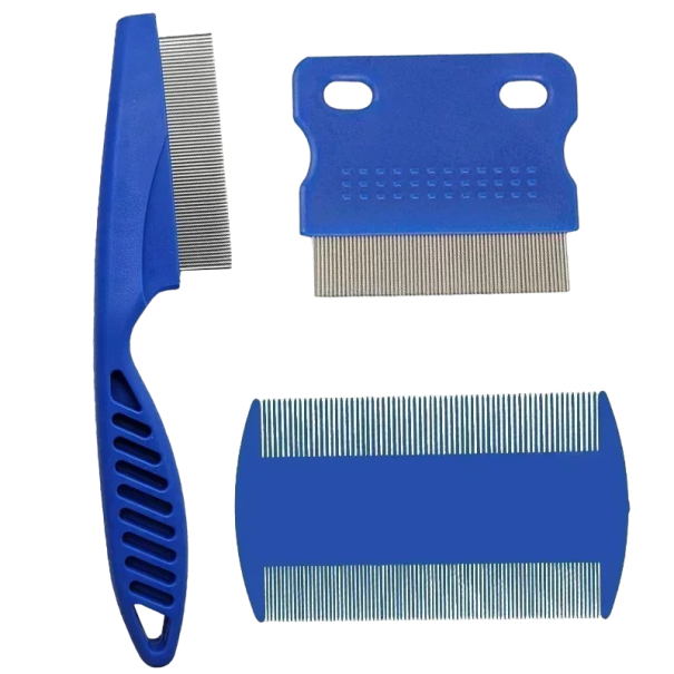 Vlooienkamset voor huisdieren, 3 stuks, luizenkam, verzorgingskam voor hond en kat, ontklittende kam voor het gezicht blauw