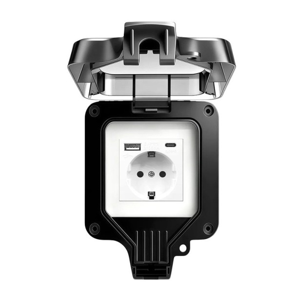 Voděodolná venkovní zásuvka EU s krytem IP66, USB-A a USB-C, 16 A / 220 V, 11 × 11 cm, plastová, černá, na zeď do zahrady i garáže 1