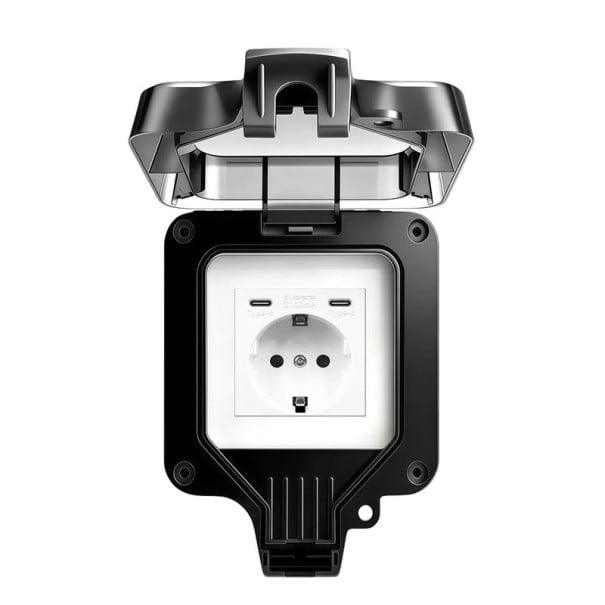Voděodolná venkovní zásuvka IP66 se 2x USB-C a krytem, 16A 220V, EU s uzemněním, plastová, černá, na zahradu, terasu i do garáže 1