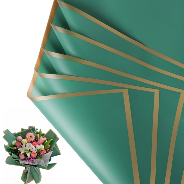 Vodeodolný baliaci papier na kvety 58 x 58 cm 10 listov Zlatý okraj Elegantný floristický papier Dekoratívne balenie kvetín zelená