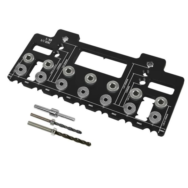 Vodicí šablona pro vrtání otvorů nastavitelný přípravek pro kolíky a police hliníková sada pro přesné vrtání nábytku černá