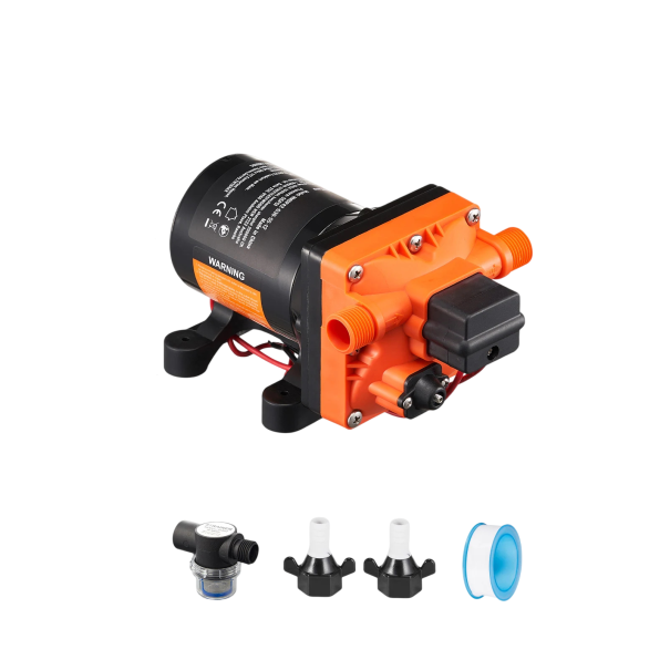 Vodní membránové čerpadlo 12 V o výkonu 90 W s tlakem 55 PSI a průtokem 11,36 l za minutu o rozměrech 210 x 128 x 110 mm v oranžové barvě 1