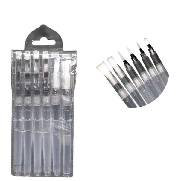 Vodní štětce na malování 6 ks cca 180 mm transparentní plast různé hroty plochý a špičatý pro akvarel kreslení DIY tvoření 1