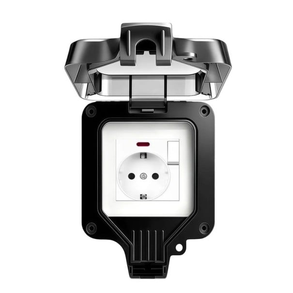 Vodotesná vonkajšia zásuvka s vypínačom a odklápacím krytom IP66, EU Schuko 16A 220V, 11 x 11 cm, plast, čierna, na stenu do záhrady aj garáže 1