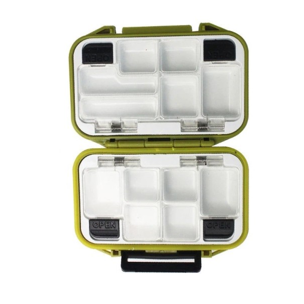 Vodotěsný box na rybářské náčiní s oboustranným otevíráním 11,5 x 9 x 3,5 cm Pevný přenosný organizér na háčky a nástrahy Odolný úložný box na rybářské příslušenství zelená