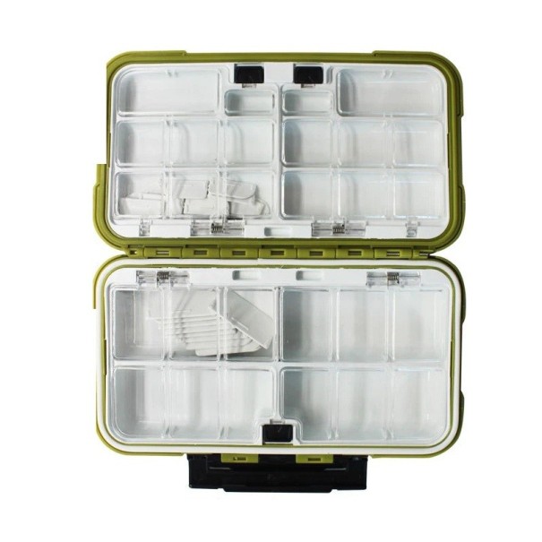 Vodotesný box na rybárske náčinie s obojstranným otváraním 19 x 10 x 4,5 cm Pevný organizér na háčiky a nástrahy Odolný úložný box na rybárske vybavenie zelená