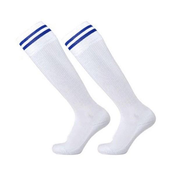 Voetbalsokken voor heren, lang tot over de knie, katoen, ademend, snel drogend, elastisch wit-blauw