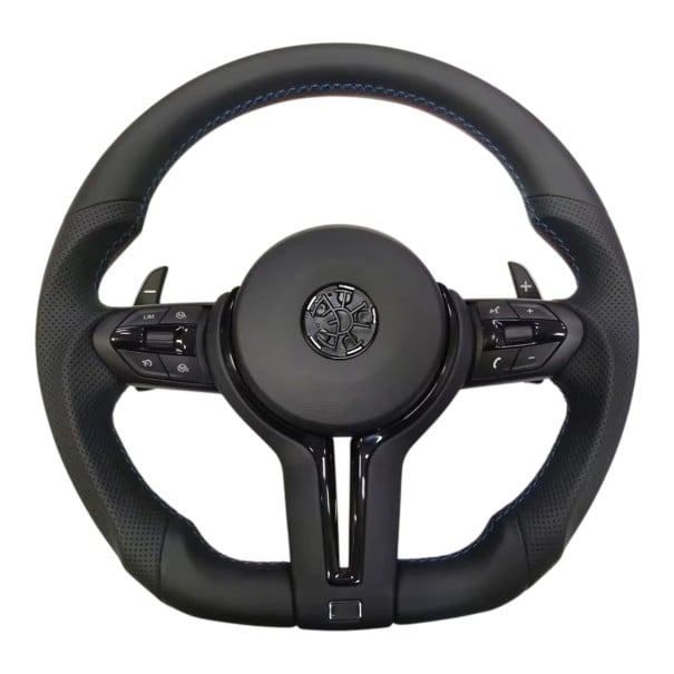 Volan sportiv pentru BMW E90 E91 E92 E87 E83 X1 E84 X5 E70 X6 E71 În stil M Cu padele și cruise control Piele perforată Plug and Play Negru 1