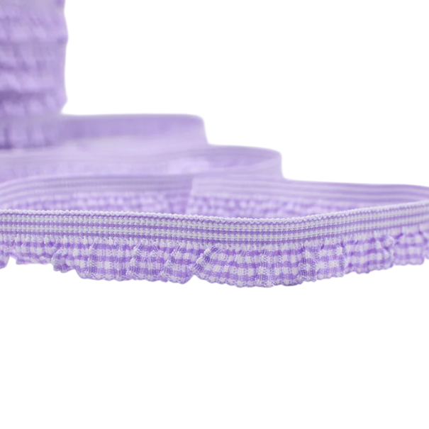 Volánková kostkovaná stuha 1,6 cm dĺžka 91 cm Nylonová ozdobná stuha s volánkom Dekoračná textilná páska na šitie dekorácie a ručné tvorenie fialová