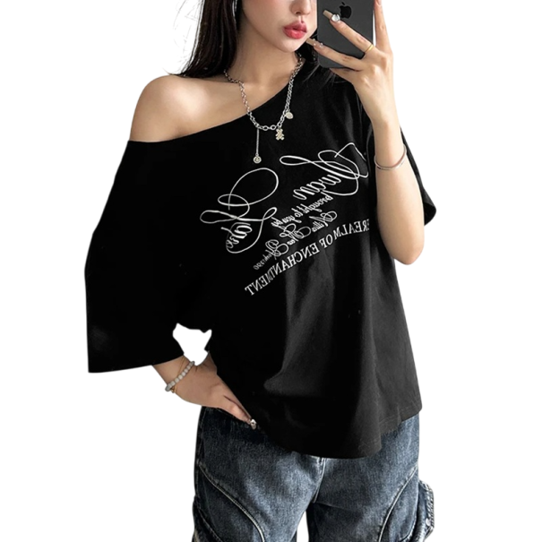 Volné tričko s potiskem pro volný čas Módní oversize střih Sklouzlý výstřih Bavlněný materiál Stylový streetwear Outfit do města černá M