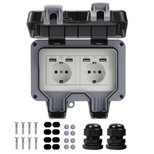 Vonkajšia dvojitá zásuvka s USB, vodotesná a prachotesná IP66, 2× EU 16 A + 4× USB-A, ABS plast, šedo-čierna, na záhradu a do kúpeľne 1