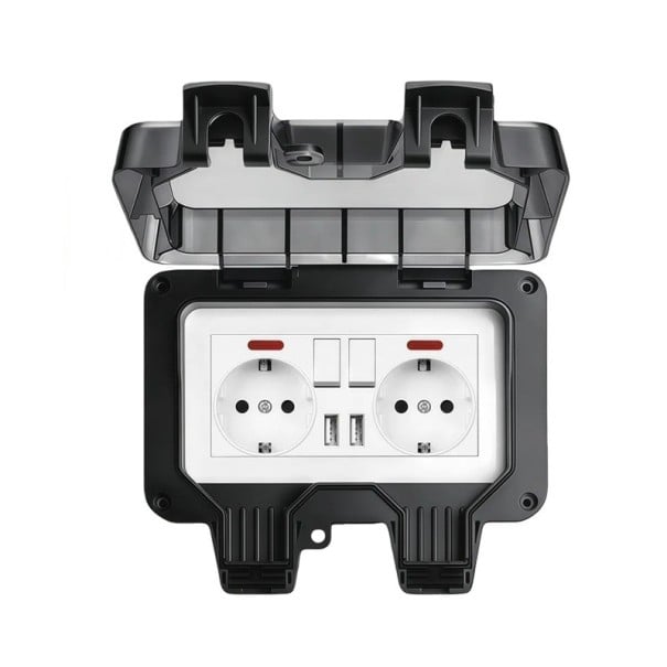 Vonkajšia dvojitá zásuvka s vypínačom a 2x USB, 16 A, 220 V, vodotesná IP66, s viečkom, čierna, na stenu pre záhradu, terasu a garáž 1