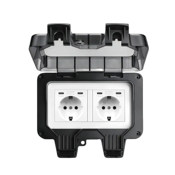 Vonkajšia vodotesná dvojitá zásuvka EU IP66 s uzamykateľným viečkom, 16 A, 220 V, 4× USB-C, čierna, na omietku, pre záhradu a terasu 1