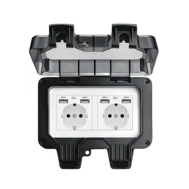 Vonkajšia vodotesná dvojitá zásuvka typu EU s krytom IP66 a 4x USB, 16 A, 220 V, plastová na omítku, čierna, na záhradu, terasu aj do garáže 1