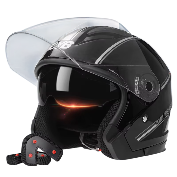 Výklopná motocyklová helma z ABS s dvojitým hledím Integrované sluneční clony Nastavitelná ventilace Obvod hlavy 56–62 cm Lesklá černá