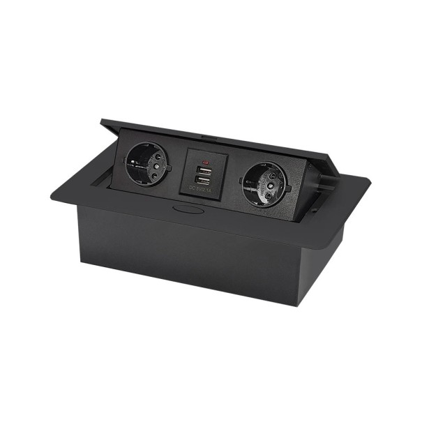Výklopný zásuvkový panel 2 EU zásuvky + USB 265×118×70 mm hliníkový panel s tlačítkem pro vysunutí do pracovní desky černá