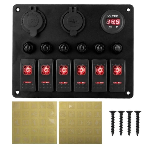 Vypínačový panel do auta 6 kolébkových vypínačov + USB zásuvka zapaľovača a voltmetr 12-24V vodotesný ABS čierny pre loď a karavan červená