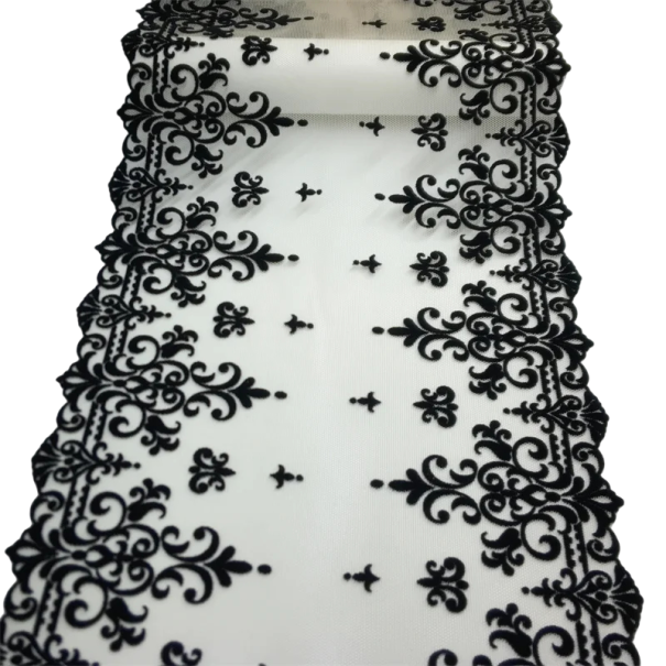 Vyšívaná krajková síťovina 23 x 91 cm Černá polyesterová krajka s rostlinným motivem Dekorativní látka na šití oděvů dekorací DIY 1