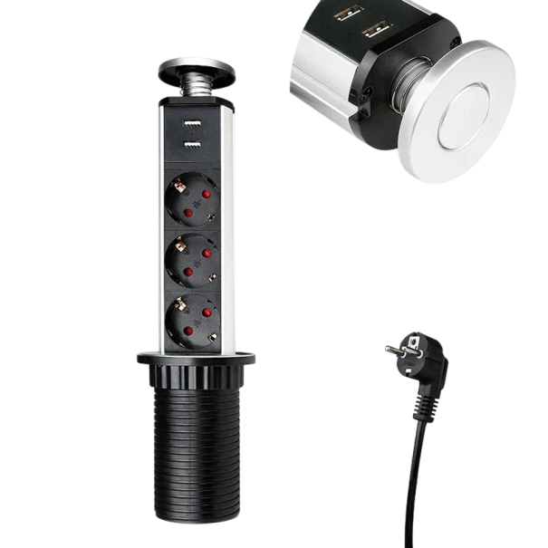 Vyskakovací zásuvka se 3 zásuvkami a 2 USB porty 33,5 x 5,8 cm krytka z hliníkové slitiny kabel 190 cm 250 V a 16 A do kuchyně i na stůl stříbrná