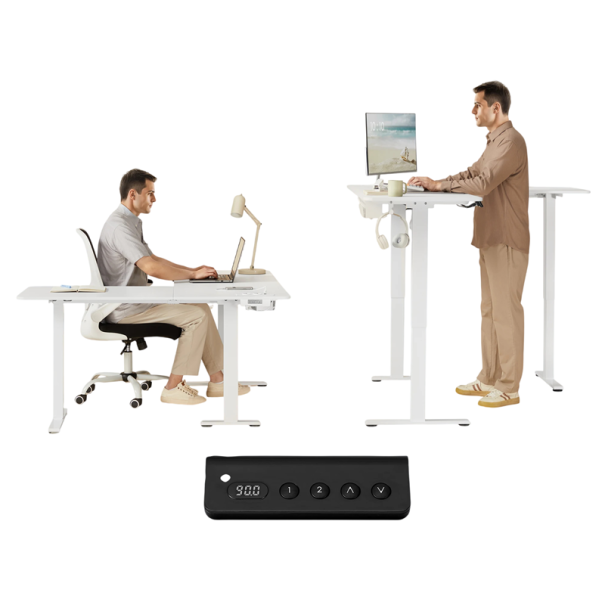 Výškově nastavitelný elektrický rohový stůl ve tvaru L 2 AC zásuvky a 2 USB porty 160 x 140 cm výška 72 až 120 cm nosnost 80 kg do práce bílá