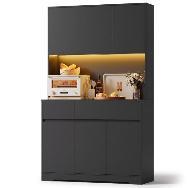 Vysoká kuchyňská skříňka 180 x 100 x 38,5 cm S LED osvětlením otevřené niky na spotřebiče Šest dvířek a dvě zásuvky Nosnost až 40 kg černá