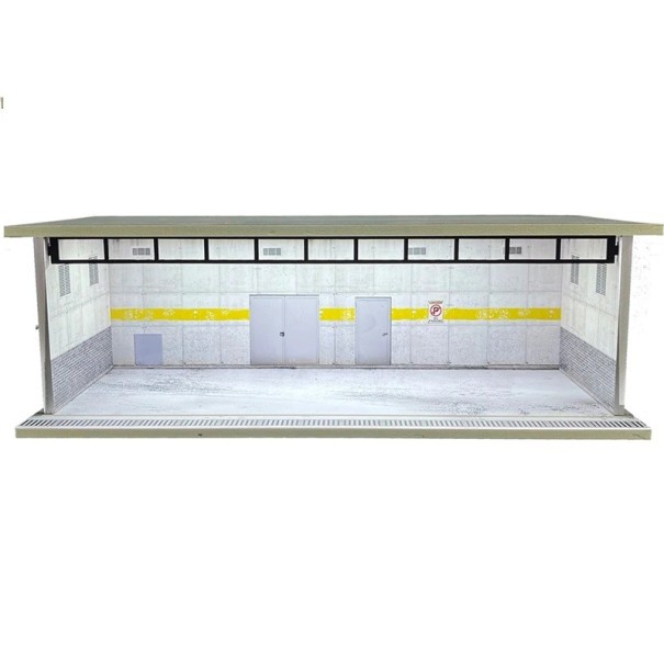 Výstavné dioráma garáž pre modely áut 30 x 13,5 x 10 cm Mierka 1:64 Parkovacia hala so žltým orientačným pruhom PVC ABS dekorácia 1