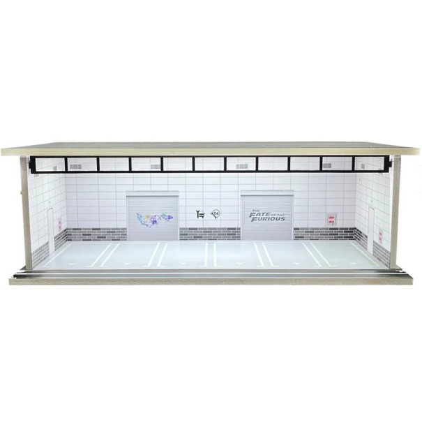 Výstavné dioráma garáž pre modely áut 30 x 13,5 x 10 cm Mierka 1:64 Svetlá biela dlaždicová hala s nápismi a garážovými vratami 1
